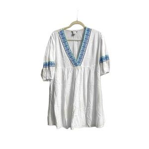 Haute Hippie White Embroidered Tunic Dress/ Beach Coverup with Blue Trim XS